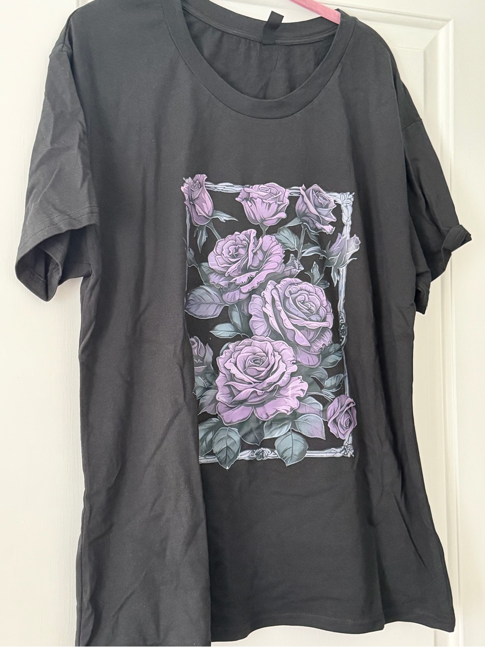 2/$13 Black Short Sleeve Tee with Lavender Rose Graphic